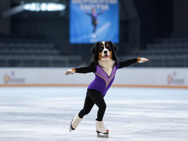 A anthropomorphic Bernese mountain dog ice skating wearing a gymnastics leotard in a ice rink
