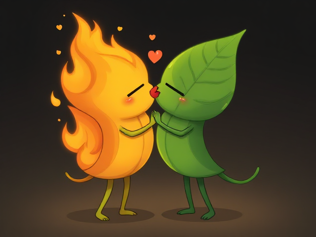 Leaf with two legs and two arms kissing a flame with two arms and two legs