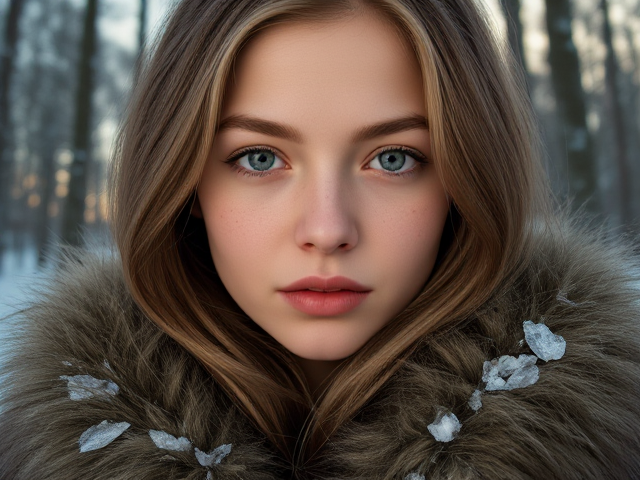 Vikikng, pale petite teen girl, light green eyes, sandy brown hair, freckles, in a snowy forest wearing furs