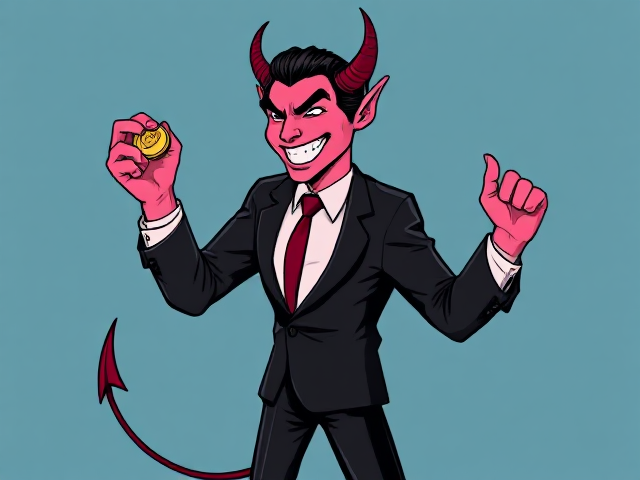 Handsome adult cartoon devil in a half-black half-pink business suit with a split body, one half soft pink and the other half black, facing right while flipping a coin with a mischievous grin