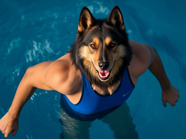 A anthropomorphic long haired German shepherd Olympic swimmer with a long torso wearing a blue Nike one piece swimsuit