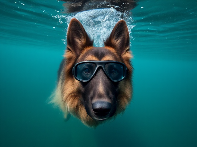 A long haired German shepherd wearing Freediving goggles floating on the surface of the water face down in the water