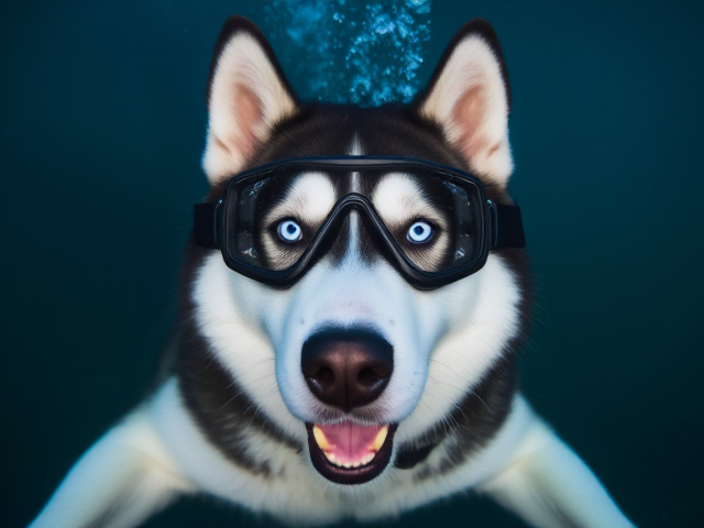 A solidly built Siberian Husky wearing Freediving goggles underwater