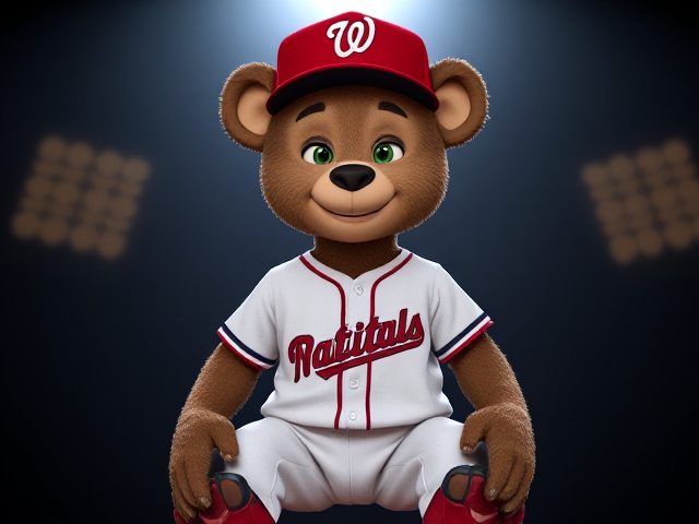 A thin human teddy bear 5 feet 5 inches tall dark creme fur green eyes wearing a nationals uniform red hat with a white letter N logo white jersey with Nats written across the front in navy and red white baseball pants with red and navy piping down the sides red baseball socks navy and red baseball cleats smiling