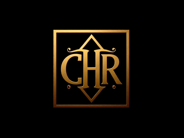 Logo symbole rectangle vertical doré, symbole, lettres CHR entrelacées dans un symbole élégant sur fond noir