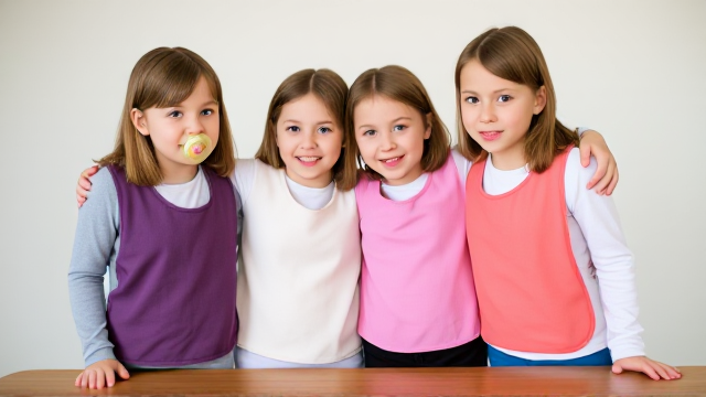 Quatre filles adolescentes debout à table elles ont les cheveux lisses et ont des grands bavoir simple multicolore elles ont des tee-shirt manche longue et des tétine en bouche et elles se font un gros câlins