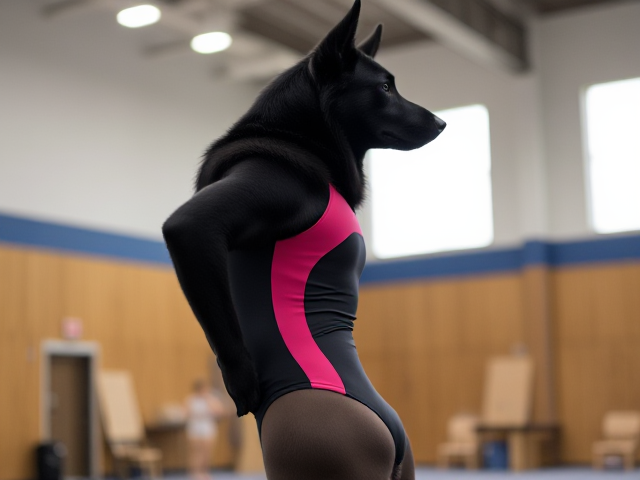 Anthropomorphic black German shepherd wearing a gymnastics leotard, posing with emphasis on its hips in a gymnasium setting, detailed and vibrant colors