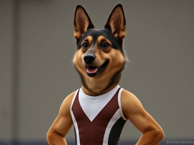 A anthropomorphic German shepherd Olympic gymnast wearing a leotard