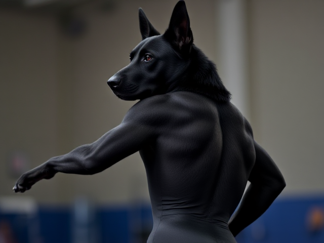 Anthropomorphic black German shepherd, broad shoulders, muscular back, wearing a detailed gymnastics leotard, dynamic pose, well-lit environment