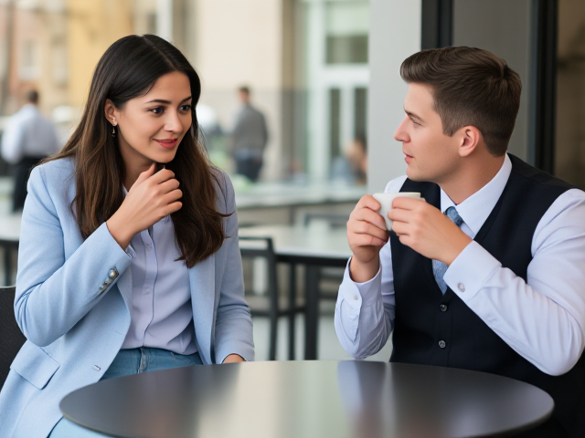 Brunette wearing a light blue coat with light blue jeans with a light blue blouse and a black vest drinking coffee with her boss
