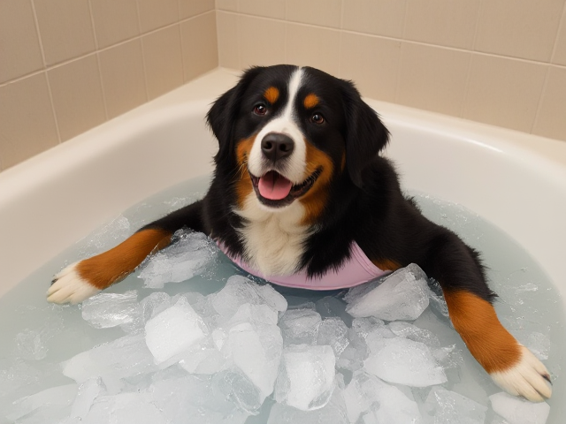 A anthropomorphic Bernese mountain dog wearing a gymnastics leotard submerged in a bathtub full of ice