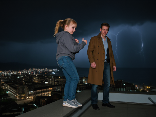 A petite 13-year-old girl with strawberry blonde hair in a ponytail, wearing a hooded pullover and jeans, is stepping onto the roof ledge of a night club. Next to her on the roof, behind her, is a modern-day, pale skinned vampire in his late twenties, with blonde hair, dressed in a brown trench coat and jeans. He appears uneasy as he looks at her. The girl gestures angrily at him, flailing her arms. A thunderstorm approaches the cityscape from the sea shore. Set at night.