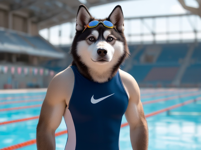 A anthropomorphic Alaskan malamute wearing a Nike one piece swimsuit and swimming goggles while standing next to a Olympic sized swimming pool