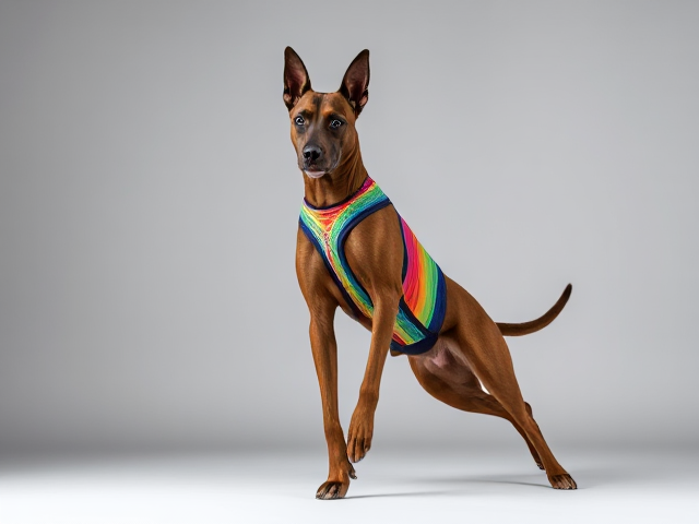 Belgian Malinois wearing a colorful gymnastics leotard, dynamic pose, high detail, vibrant colors, studio lighting