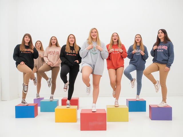 Large group of young blonde and brunette women in Urban Outfitters khakis and hoodies and Chucks sneakers each standing with one foot on top of a small colored riser posing like pterodactyls in a white room and singing