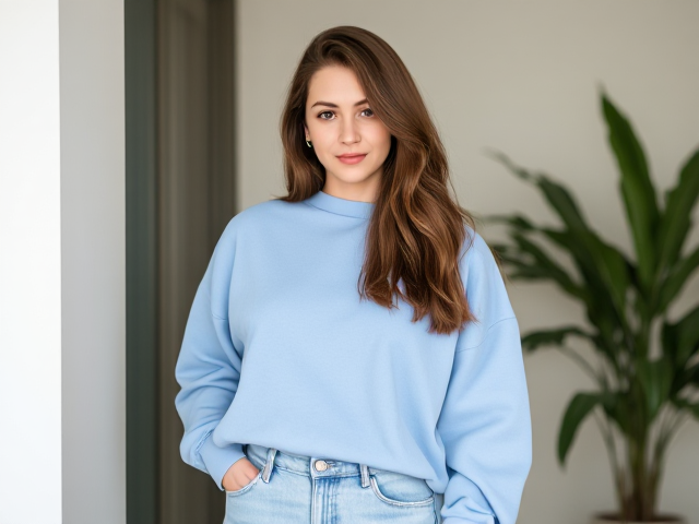 Brunette wearing a light blue sweatshirt and light blue jeans found