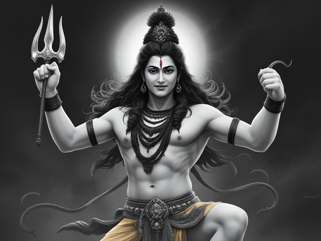 lord shiva muscular realistic  with trishul dancing image drawing white color