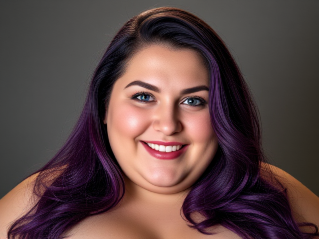 An obese woman purple hair blue eyes 30 years old very big boobs smiling
