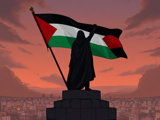 the Palestinian Flag being waved by a hooded figure on top of a tower as he watches over the people of Palestine as a guardian after they have been surviving the attacks they are under. Animated in the style of telltale the walking dead