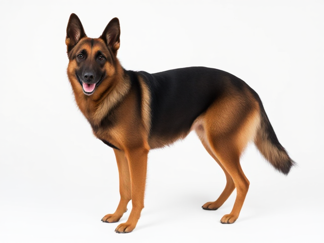 A German shepherd wearing a leotard that highlights her hips