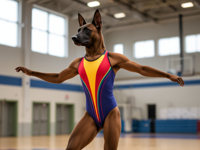 Anthropomorphic Belgian Malinois wearing a colorful gymnastics leotard, performing in a well-lit gymnasium, dynamic pose, detailed fur and fabric textures