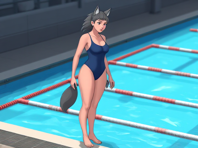 A tall female wolf Olympic swimmer with a long torso, short legs, long arms and broad shoulders, wearing a one piece swimsuit