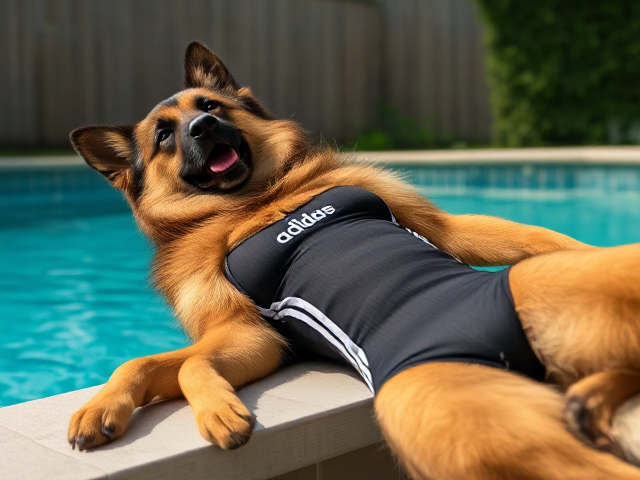 A lean (anthropomorphic) long haired German shepherd with a long torso and broad shoulders wearing a adidas bathing suit while lying on her back next to a swimming pool