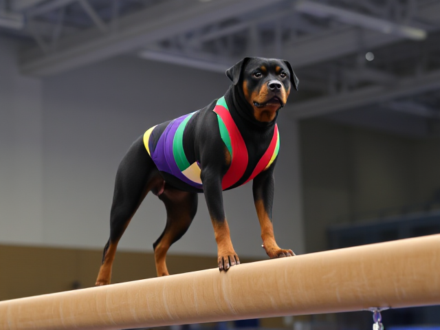 Anthropomorphic Rottweiler performing gymnastics on a balance beam, wearing a colorful leotard, showcasing agility and concentration in a dynamic pose, indoor gymnastics arena setting