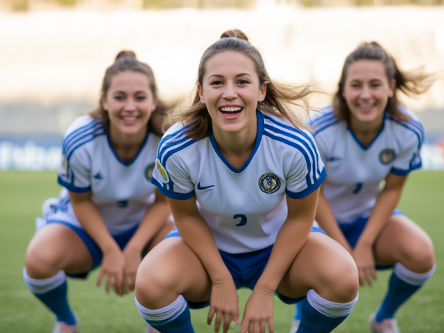 Beautiful women’s soccer player with light brown hair and a blue and white uniform crouching and laughing hysterically again and again and again