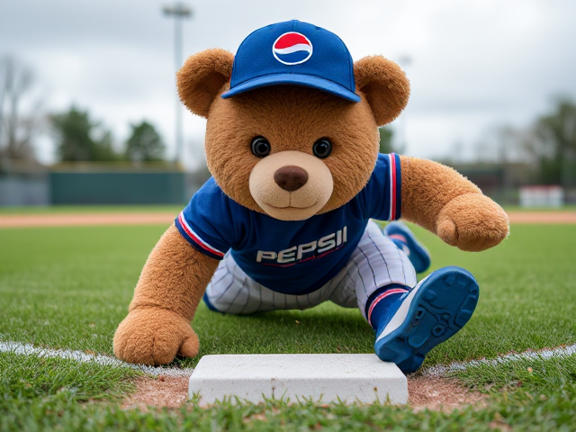 human 5 feet 8 inch human teddy bear thin athletic body beige round face blue eyes wearing a blue baseball hat with a Pepsi logo and a blue athletic t shirt with a Pepsi logo white baseball pants with blue and red piping with a blue belt blue baseball socks blue cleats sliding into second base head first on a nice softball field
