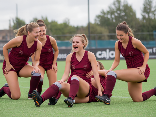 Beautiful forty-something field hockey women in burgundy uniforms with knee pads flailing on the ground in hysterical laughter