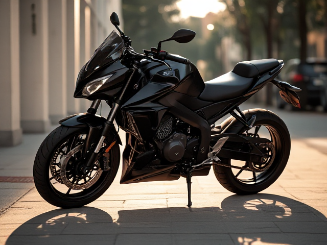 Black sports motorcycle on a sidewalk