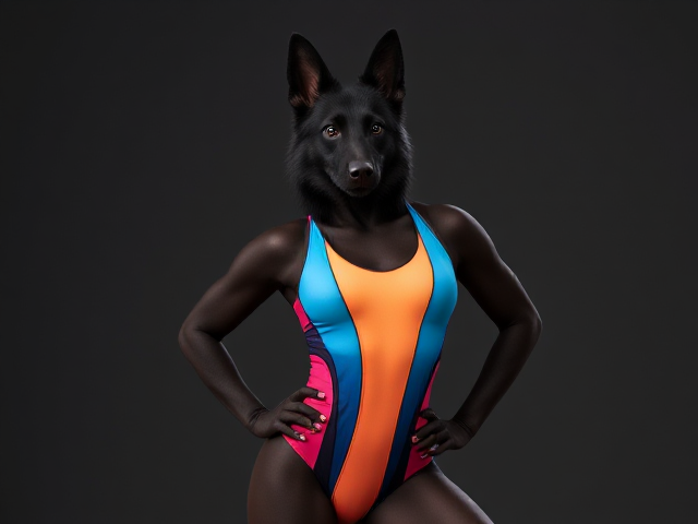 Black furred female anthropomorphic German Shepherd, wearing a vibrant gymnastics leotard, showcasing detailed fur texture and athletic build in a dynamic pose, vivid colors