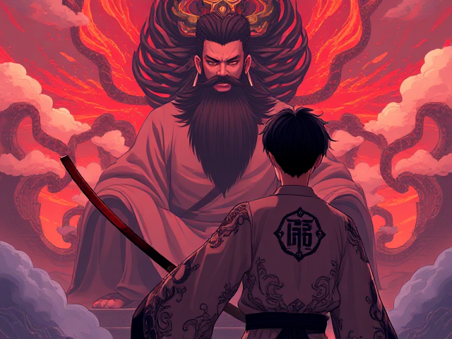 A man with short black hair holds a magical glowing red and black Chinese-style straight short katana in his right hand. He wears intricately designed traditional Chinese mythology clothing. Has a black tattoo Chinese symbol on his back left neck. He stands facing away, gazing at the towering figure of Shangdi, the supreme god with long black hair and a thick long black beard, who sits cross-legged before him. The scene is illustrated in a vibrant anime style.