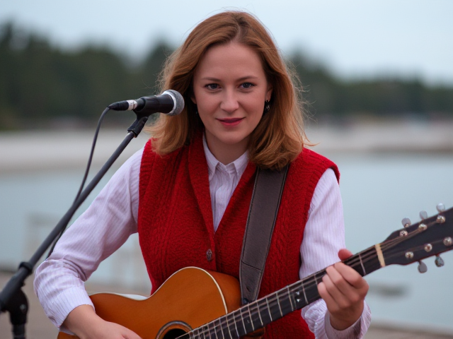 lav et billede af en musiklærer på 42 år
 rødt krøllede hår altid i en strikket vest. hun har briller