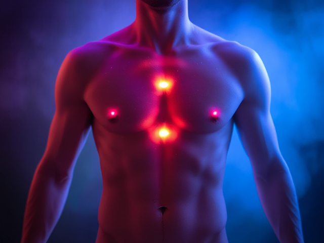 Homme torse nu avec des lumières vibrantes et éthérées suivant harmonieusement les méridiens du corps, éclairage mystique et atmosphérique, précision anatomique réaliste, ambiance sereine