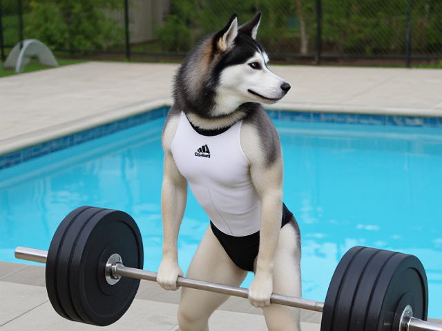 A anthropomorphic Siberian husky wearing an adidas swimsuit deadlifting a barbell on a pool deck