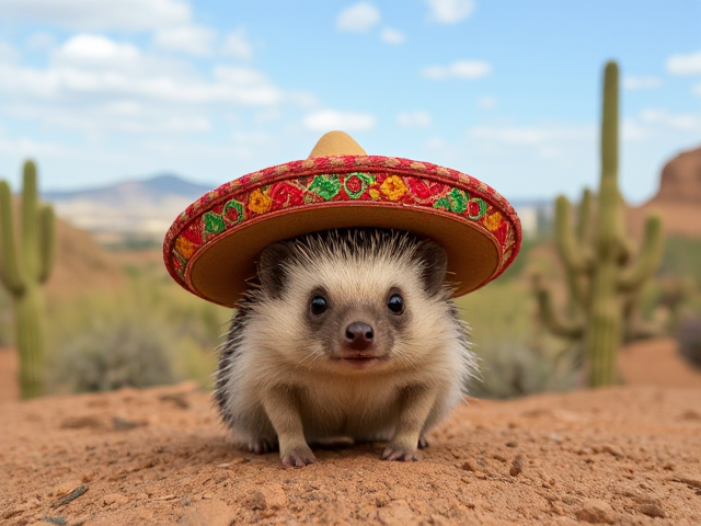 Choupisson portant un sombrero coloré, posé dans un décor de western mexicain avec cactus et désert, l'air déterminé et prêt à en découdre, en arrière plan la ville de metz
