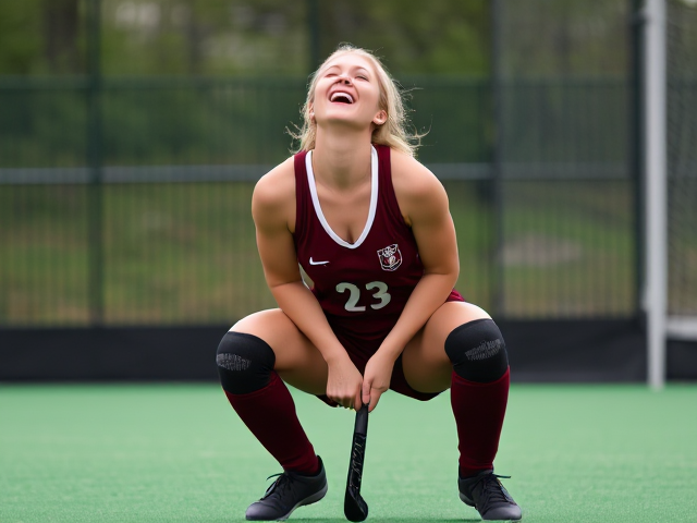Beautiful fifty-something blonde field hockey woman in a burgundy uniform with well defined legs and knee pads, crouching, throwing her head back, and laughing hysterically again and again and again and again