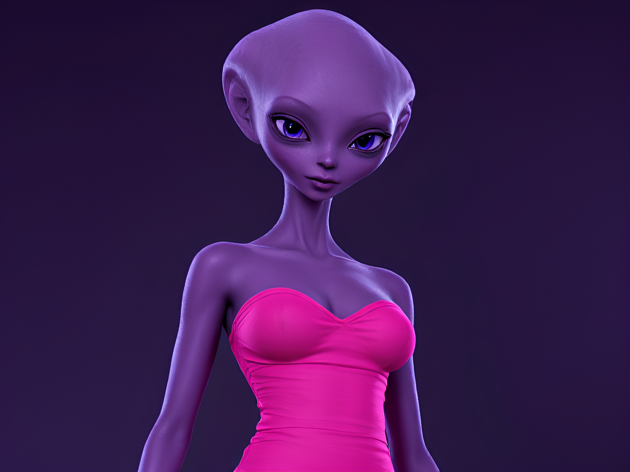 Create purple skin alien woman wearing a pink dress realistic.