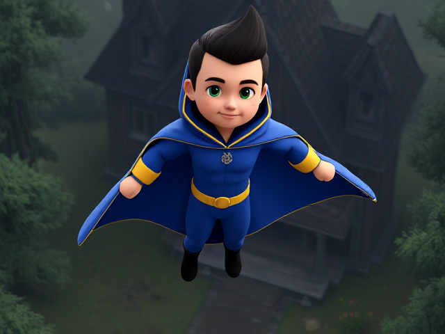 2D cartoon scene: A preteen 12-year old boy with light skin and freckles on his cheeks named Kyle Lipton, but transformed into a superhero named Dr. Dimensionpants, who, despite still being a kid, has an extremely muscular body. He wears a tight blue hood outlined by a yellow line that covers the back half of his head, with a smooth, slicked back black mohawk on top. He also wears a sleek blue bodysuit outlined with yellow lines on the cuffs of the sleeves and pants, a golden belt with a circular buckle, black boots, and a really big, toe-length, ultra-wide blue cape with a really big collar outlined with yellow lines wreathed around his neck held up by a golden button. The pupils in his eyes are green, and he has a black twin moustache. He also has incredible, invincible, and cosmic superpowers flowing through his veins. He is currently floating and levitating as he slowly descends down to the grounds of an abandoned mansion after a long flight, preparing to land so he can begin his investigation, as he senses a mysterious energy within.