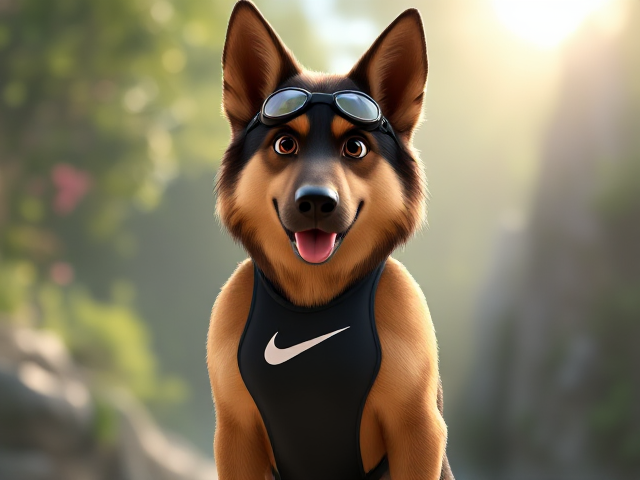 A tall anthropomorphic long haired German shepherd with a long torso and broad shoulders wearing a Nike high cut one piece swimsuit and swimming goggles