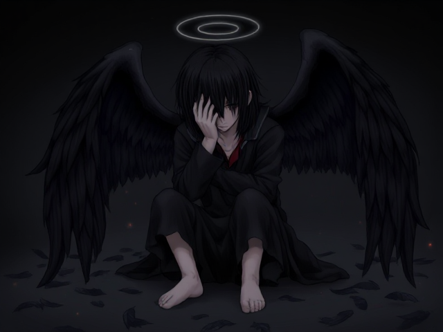 The image portrays a dark, atmospheric scene featuring a character with large black wings sitting down in a contemplative or sorrowful pose. The character has disheveled black hair, obscuring their face, and is dressed in dark, layered clothing that gives off a brooding, mysterious vibe. 

They appear to be surrounded by scattered black feathers and dark energy. A faint halo-like glow hovers above their head, suggesting an angelic or supernatural nature. The overall color scheme is monochromatic, with deep blacks and dark greys, interspersed with subtle glowing sparks or embers floating around, enhancing the dramatic, melancholic tone. The character's downcast posture, with their hand covering part of their face, evokes a sense of inner turmoil or emotional conflict. 

This image could symbolize a fallen or dark angel struggling with their fate or burden.