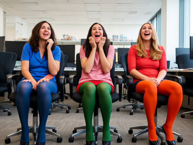 Beautiful women office workers in blue, red, green and orange stockings howling in hysterical laughter at their chairs
