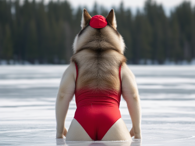 Anthropomorphic Alaskan malamute red lifeguard one piece swimsuit ice bath
