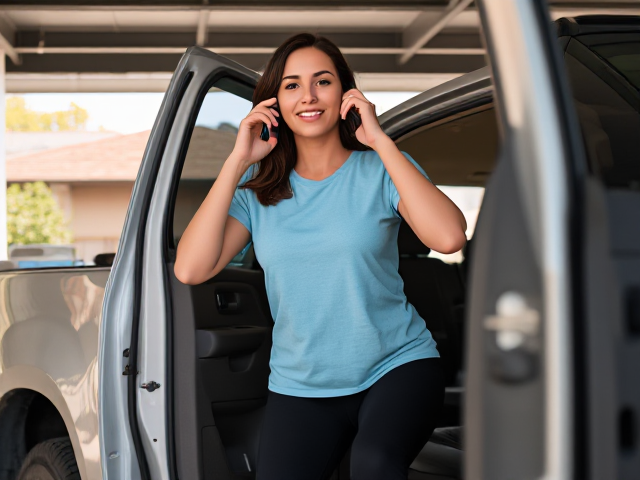 Brunette wearing a light blue t shirt and black yoga pants in her garage hopping out of her truck while on a call