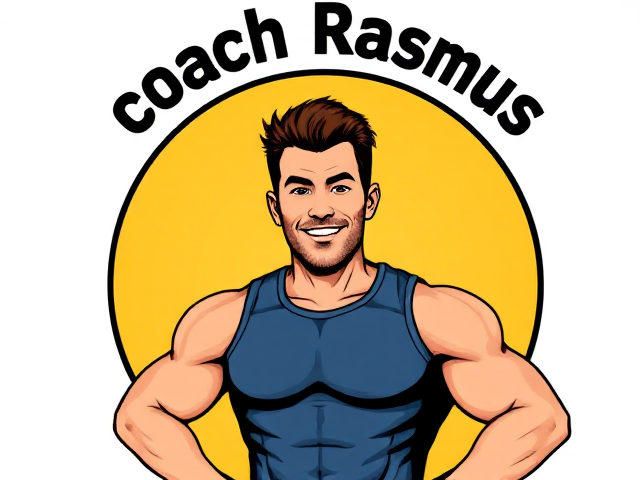Cartoonist looking athlete in a circle with the text above 'coach Rasmus'