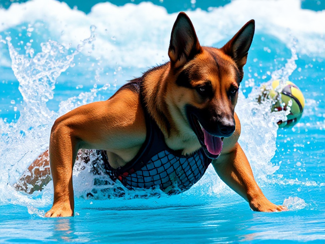 Anthropomorphic German shepherd playing water polo, wearing an intricately detailed swimsuit with unique geometric patterns and shimmering scales, showcasing a muscular and athletic physique with highly defined muscles. Captured in a dynamic and powerful mid-action pose, sunlight glistens on the textured wet fur, highlighting each strand in exquisite detail. Set in a vibrant and colorful aquatic environment, dynamic splashes of water droplets reflect light in a kaleidoscope of colors against a vivid background with realistic waves crashing energetically