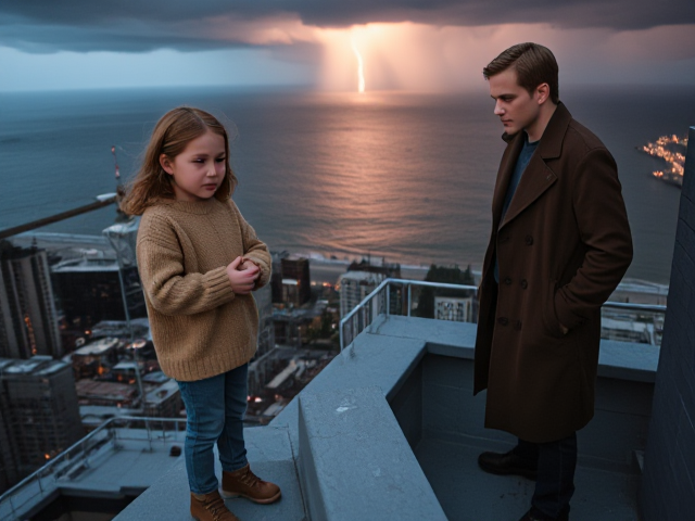 A petite 12-year-old girl with strawberry blonde hair, wearing a cozy pullover and jeans, is standing on the roof ledge of a night club. Next to her on the roof, standing nearby is a modern-day, pale skinned vampire in his late twenties, with blonde hair, dressed in a brown trench coat and jeans. He appears uneasy as he looks at her. The girl gestures angrily at him, flailing her arms. A thunderstorm approaches the cityscape from the sea shore.