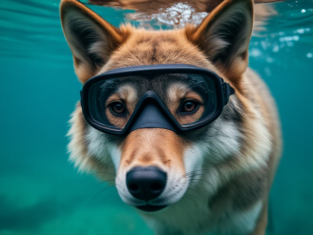A Wolf wearing Freediving goggles
